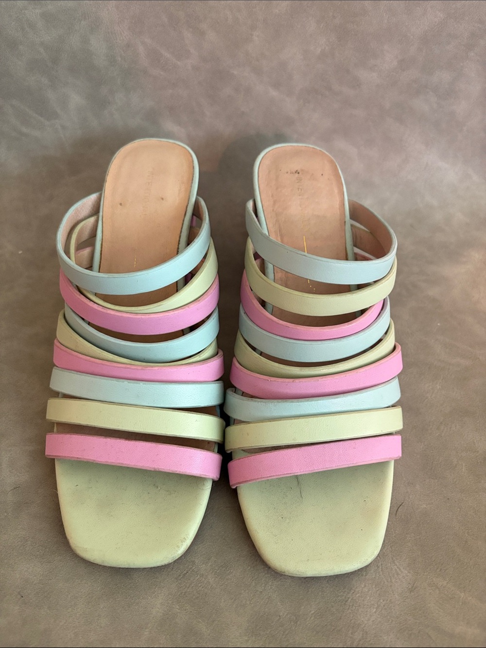 Pastel Multi-Strip Slide Mules in Pink, Blue, Green
